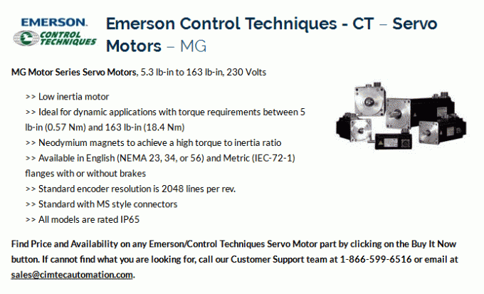 Servomotore di MG di tecniche di controllo di EMERSON, 230VAC, 2" codificatore 230V del SERVOMOTORE MGE-208-CONS-0000 1