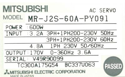 Serie dell'azionamento MR-J2S-60A 600W MR-J2S del servomotore di CA di MITSUBISHI 200-230 VCA 600W 1